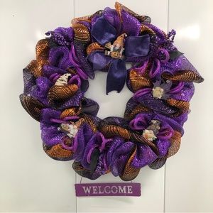 Gnome Halloween Wreath Deco Mesh Purple Tubing Bow Berries Whimsical Pumpkin Bat